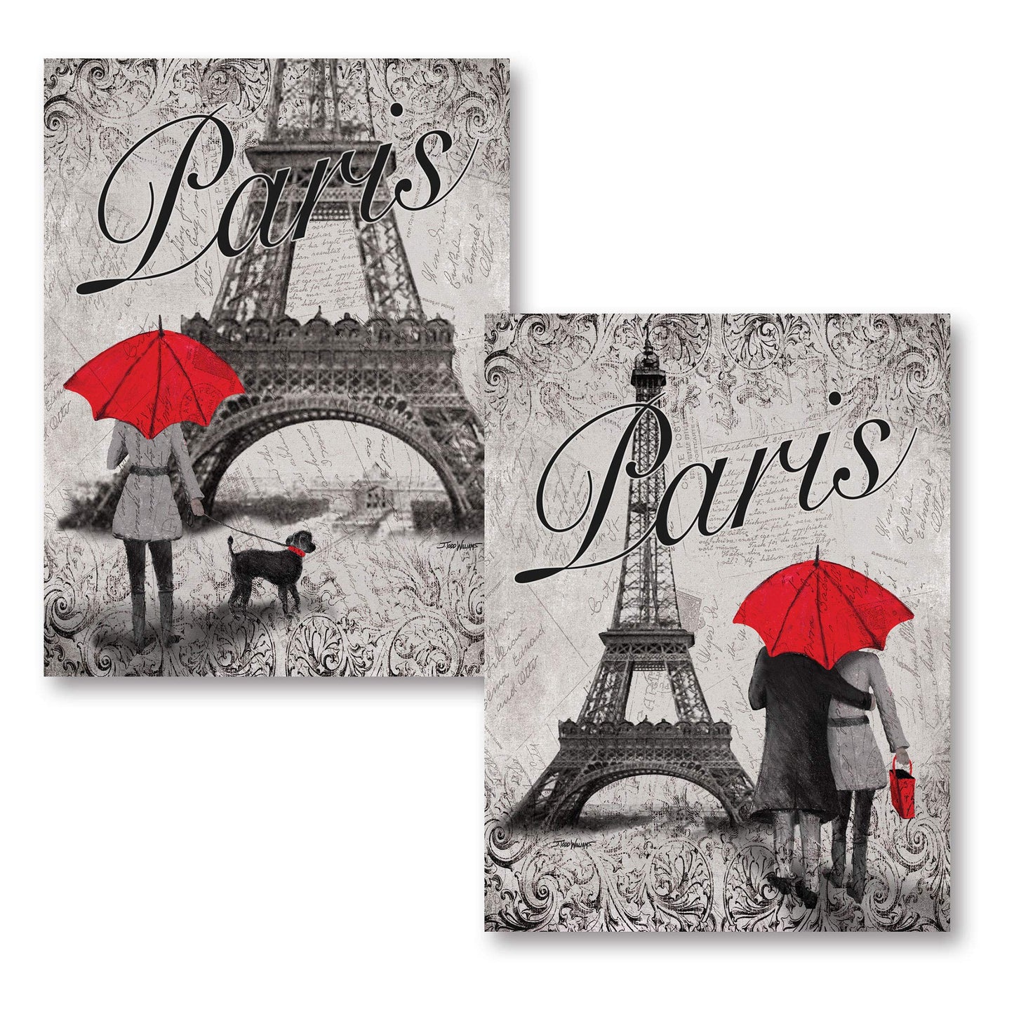 Gango Home Decor Strolling in Paris- Two Beautiful 11 x 14 in Poster Prints Eiffel Tower and Red Umbrella Set