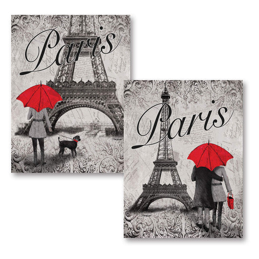 Gango Home Decor Strolling in Paris- Two Beautiful 11 x 14 in Poster Prints Eiffel Tower and Red Umbrella Set
