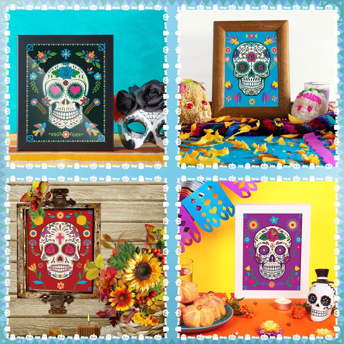 Clabby 12 Pieces Sugar Skull Decor Art Prints Day of the Dead Poster Dia De Muertos Skulls Wall Mexican Theme for Halloween Fiesta Office Party Home Decor, White