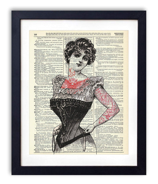 Victorian Tattooed Woman, Vintage Dictionary Art Print, Antique Wall Art Home Decor, Modern Boho Poster, Farmhouse Decoration Living Room Bedroom Office 8x10 Inches, Ready To Frame