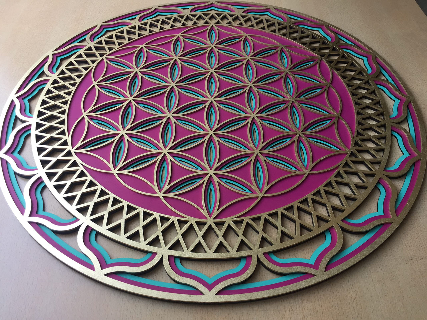 Flower of life wood wall decor, Multilayer mandala, Sacred Geometry Wall Art, Yoga studio decor, mutilayer flower of life, fuchsia green Gold Flower Of Life (78 cm (30.7 inch))