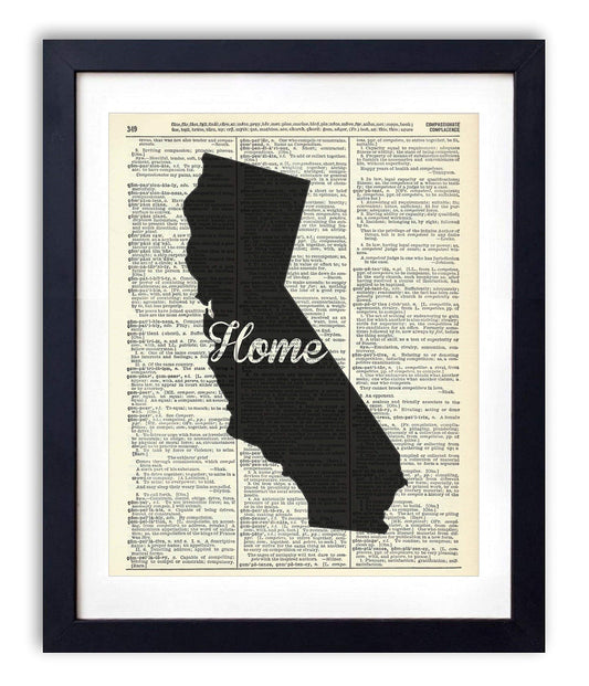 California Home Script, Vintage Dictionary Art Print, Antique Wall Art Home Decor, Modern Boho Poster, Farmhouse Decoration Living Room Bedroom Office 8x10 Inches, Ready To Frame