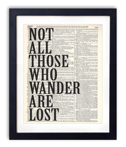 Not All Those Who Wander Are Lost Typography Vintage Dictionary Art Print, Antique Wall Art Home Decor, Modern Boho Poster, Farmhouse Decoration Living Room Bedroom Office 8x10 Inches, Ready To Frame