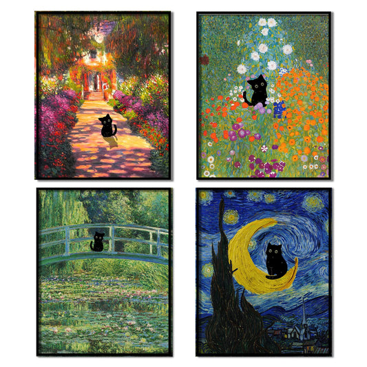Black Cat Posters for Wall Décor, Cute and Vintage Posters with Van Gogh Art and Monet Art, Funny Bathroom Decor Wall Art, Set of 4, 8X10 inch unframed