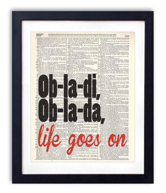 Ob-La-Di Ob-La-Da Typography Vintage Dictionary Art Print, Antique Wall Art Home Decor, Modern Boho Poster, Farmhouse Decoration Living Room Bedroom Office 8x10 Inches, Ready To Frame