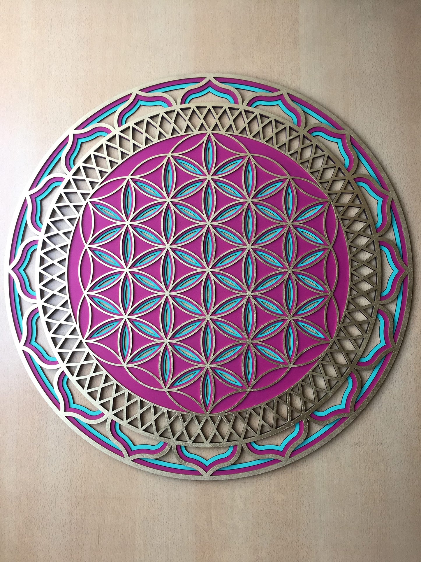 Flower of life wood wall decor, Multilayer mandala, Sacred Geometry Wall Art, Yoga studio decor, mutilayer flower of life, fuchsia green Gold Flower Of Life (78 cm (30.7 inch))