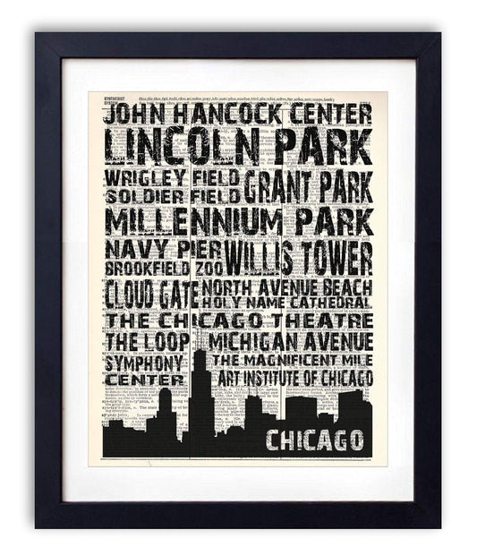 Chicago Landmarks Skyline and Typography, Vintage Dictionary Art Print, Antique Wall Art Home Decor, Modern Boho Poster, Farmhouse Decoration Living Room Bedroom Office 8x10 Inches, Ready To Frame