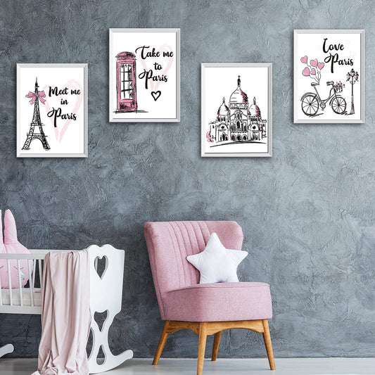 4 Pieces Paris Wall Art Prints, Pink Eiffel Tower Telephone Booth Romantic Paris Theme Room Unframed Art Poster Decor for Girls Living Room Bedroom Bathroom Kitchen Office Decor, 8 x 10 Inch
