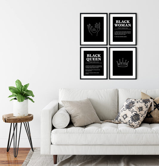 HUYAW Modern Minimalist Line Black Queen Woman Girl African American Crown Wall Art Prints Set of 4, Inspirational Posters Gifts for Black Women Girls Room Wall Art Decor (8 x 10 Unframed)