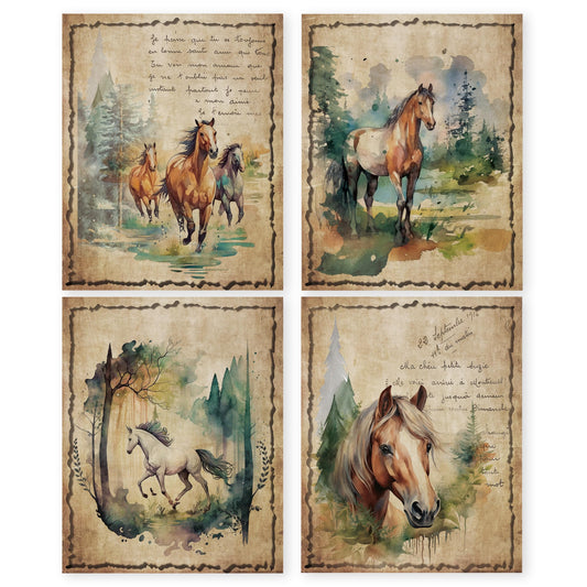 HRQKO Vintage Retro Horse Wall Art Poster Prints Set of 4, Watercolor Wildlife Animals Horse Pictures Printing Posters Wall Decor, Colorful Woodland Prints for Bathroom Living Room 8”x10” Unframed