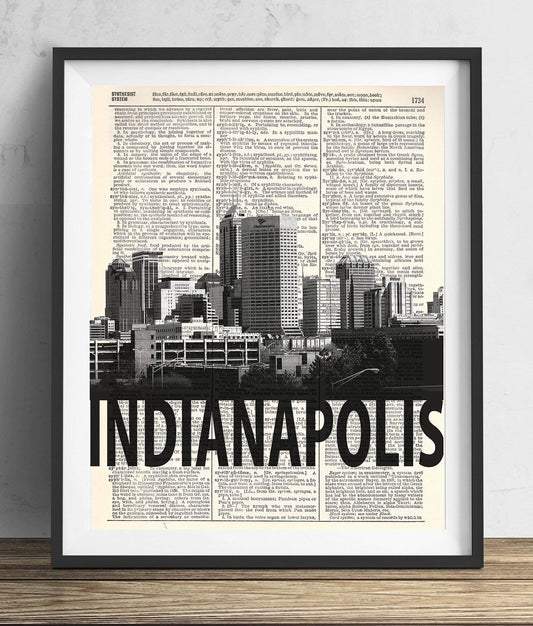 Indianapolis Skyline With Bold Name, Vintage Dictionary Art Print, Antique Wall Art Home Decor, Modern Boho Poster, Farmhouse Decoration Living Room Bedroom Office 8x10 Inches, Ready To Frame