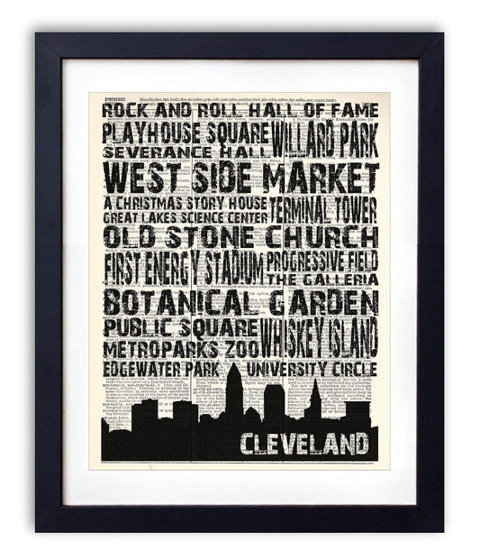 Cleveland Landmarks Skyline and Typography, Vintage Dictionary Art Print, Antique Wall Art Home Decor, Boho Poster, Farmhouse Decoration Living Room Bedroom Office 8x10 Inches, Ready To Frame