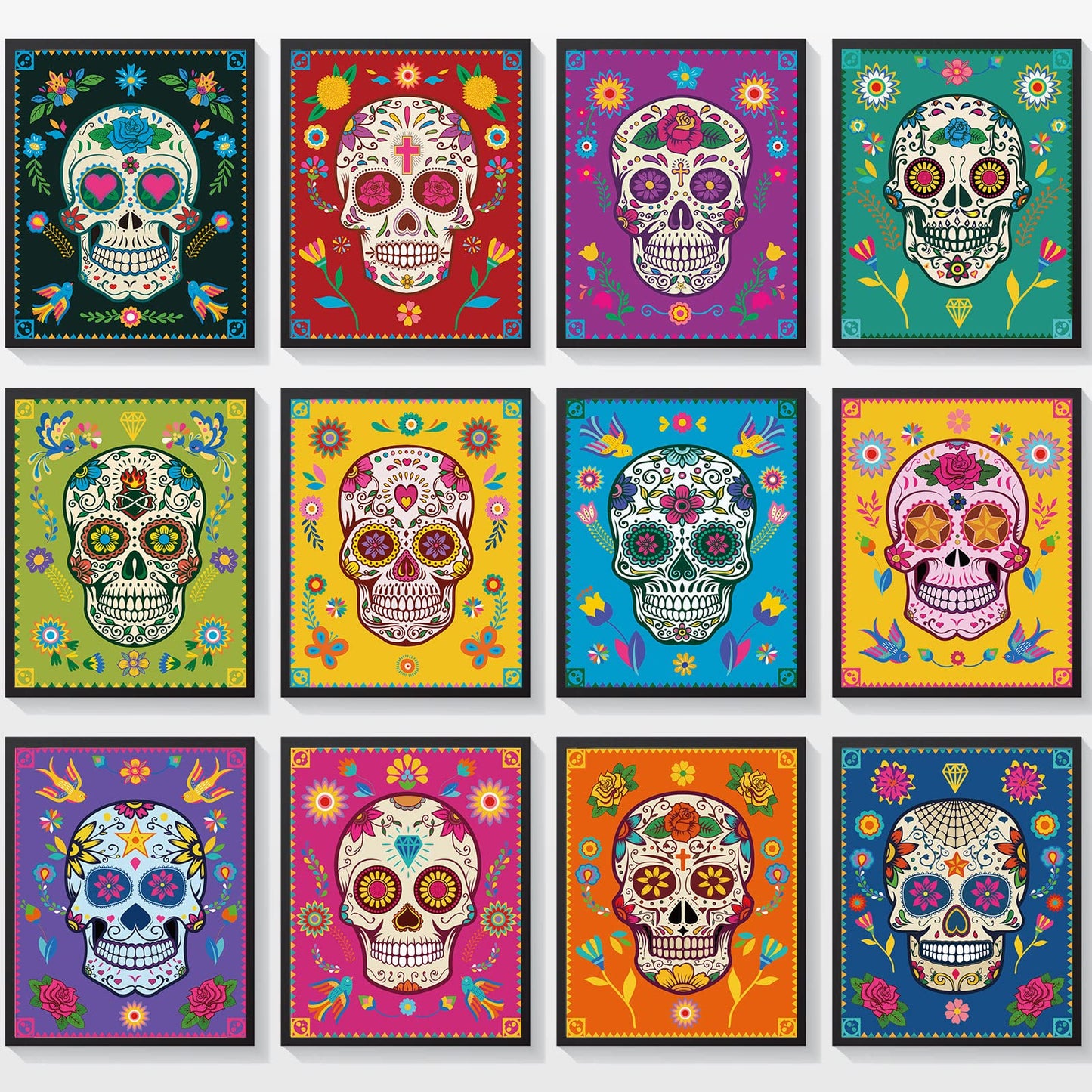 Clabby 12 Pieces Sugar Skull Decor Art Prints Day of the Dead Poster Dia De Muertos Skulls Wall Mexican Theme for Halloween Fiesta Office Party Home Decor, White