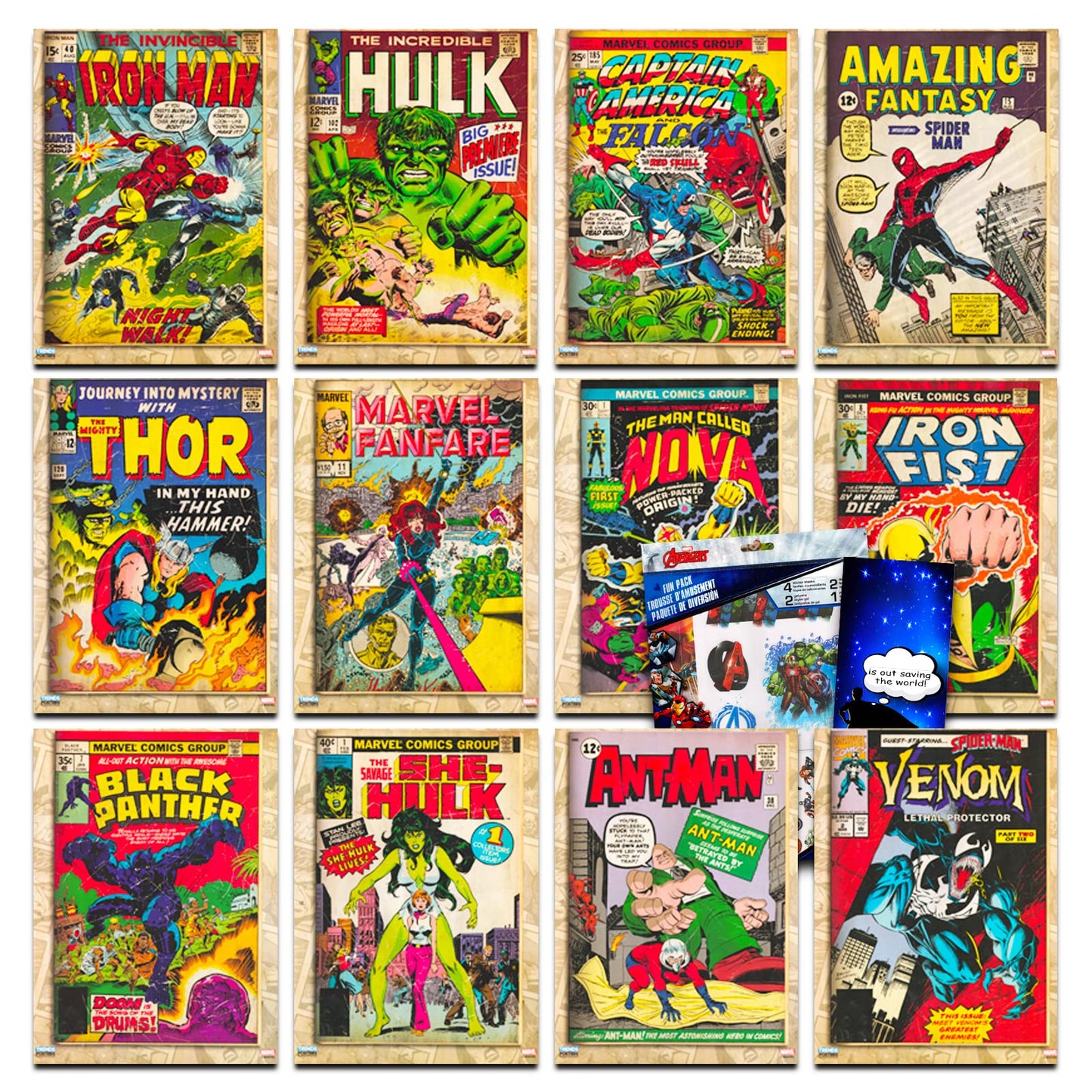 Marvel Comics Poster Set for Kids, Boys ~ 12 Pc Bundle with Marvel Superhero Poster Book for Room Decor and Walls, Stickers, and Door Hanger | Comic Book Cover Prints