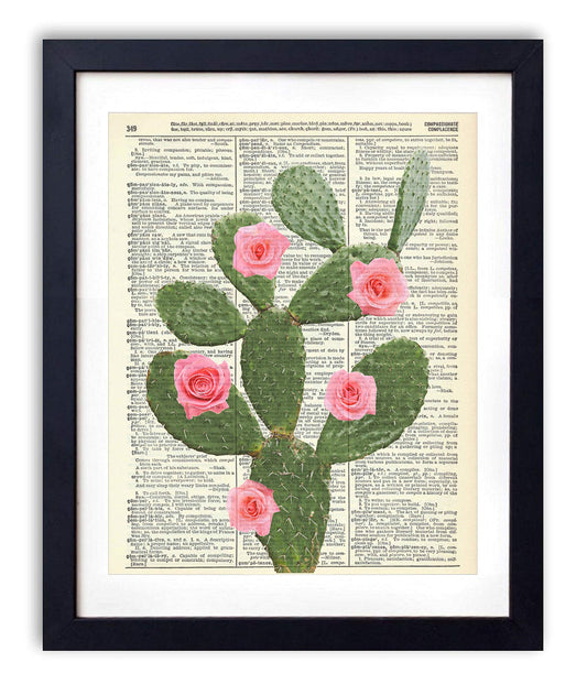 Cactus With Pink Roses Boho Style Vintage Dictionary Art Print Poster, Contemporary Farmhouse Living Room, Kitchen Decor and Home Wall Décor, 8x10 inches, Ready to Frame