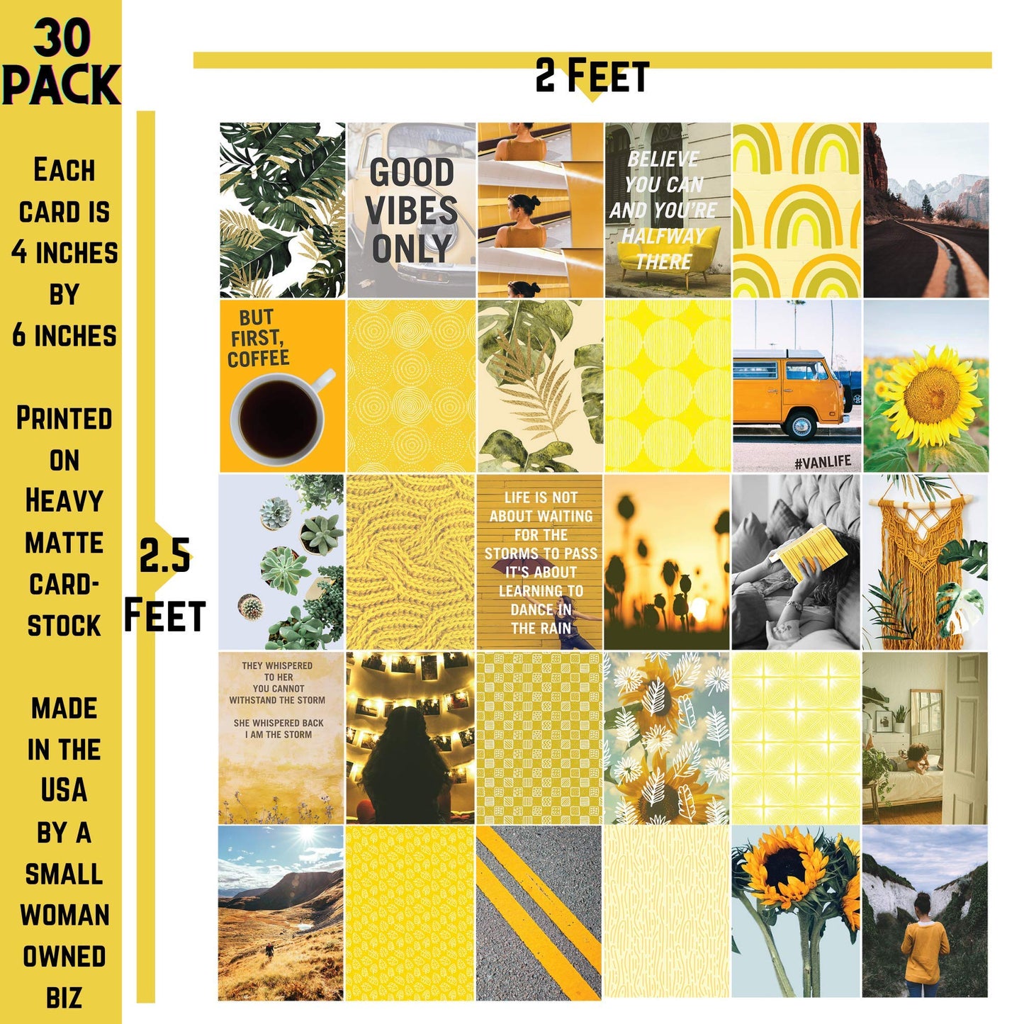 30-Pack Set Yellow Aesthetic Wall Collage Kit. Each Photo / Mini picture print poster is 4x6 inch. Perfect for Girls, Teens, and Young Adults who like VSCO Bedroom Decorations or Boho Dorm Wall Decor.