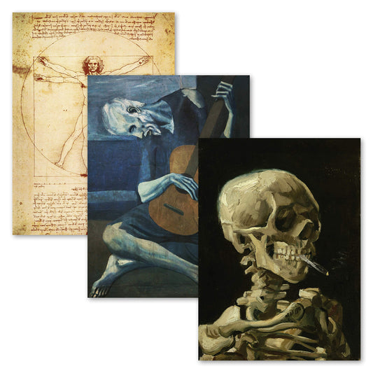 3 Pack - Vitruvian Man by Leonardo Da Vinci + The Old Guitarist by Pablo Picasso + Van Gogh Skeleton Poster - Fine Art Prints (Laminated, 18" x 24")