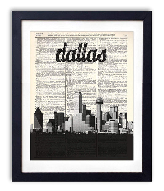 Dallas Skyline With Name Vertical, Vintage Dictionary Art Print, Antique Wall Art Home Decor, Modern Boho Poster, Farmhouse Decoration Living Room Bedroom Office 8x10 Inches, Ready To Frame