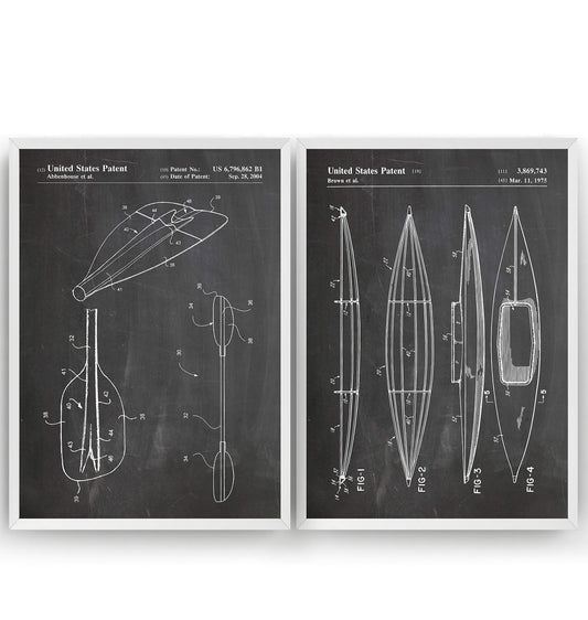 Magic Posters Kayak Patent Prints - Set Of 2 - Vintage Beach House White Water Rafting Poster Canoe Wall Art Posters Gifts For Men Women Room Blueprint Decor - Frame Not Included