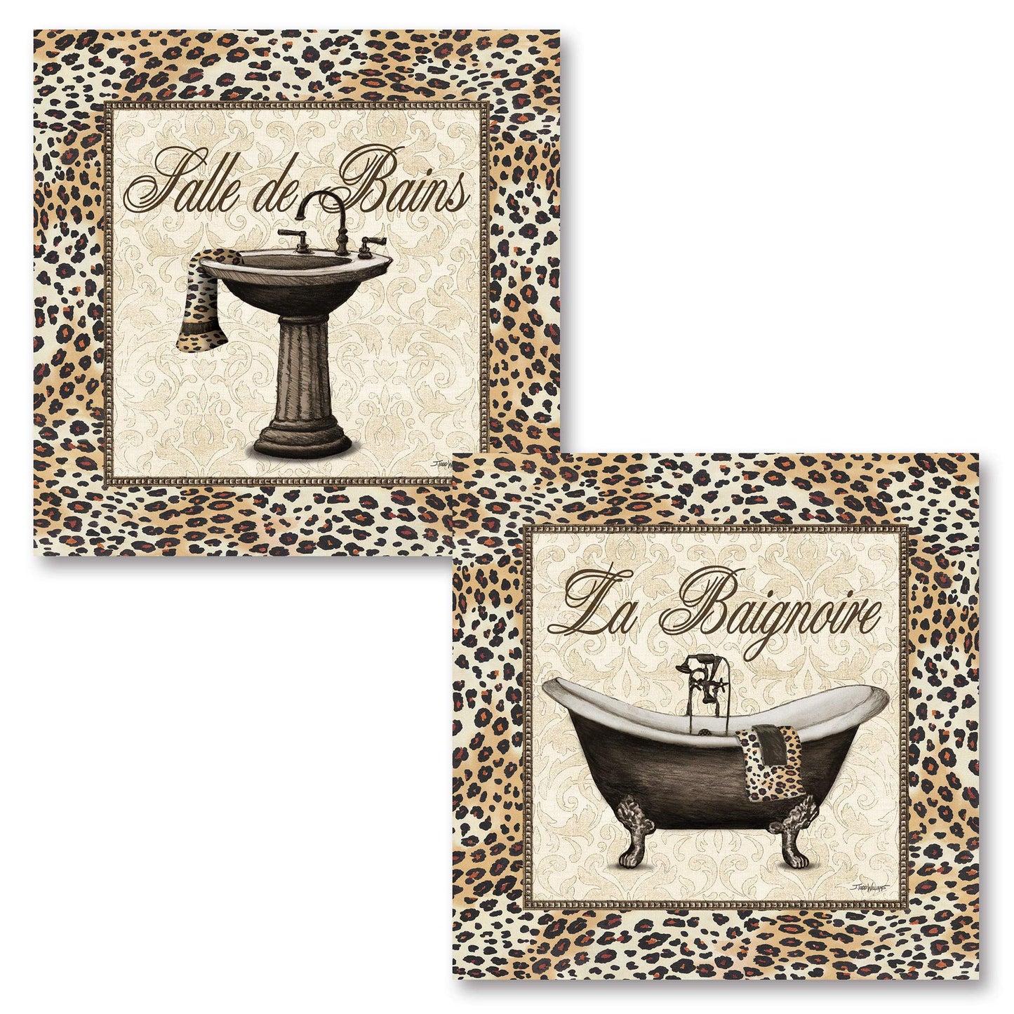 French Leopard Print Old-Fashioned Bath Tub and Sink; Two 12 x 12 Poster Print
