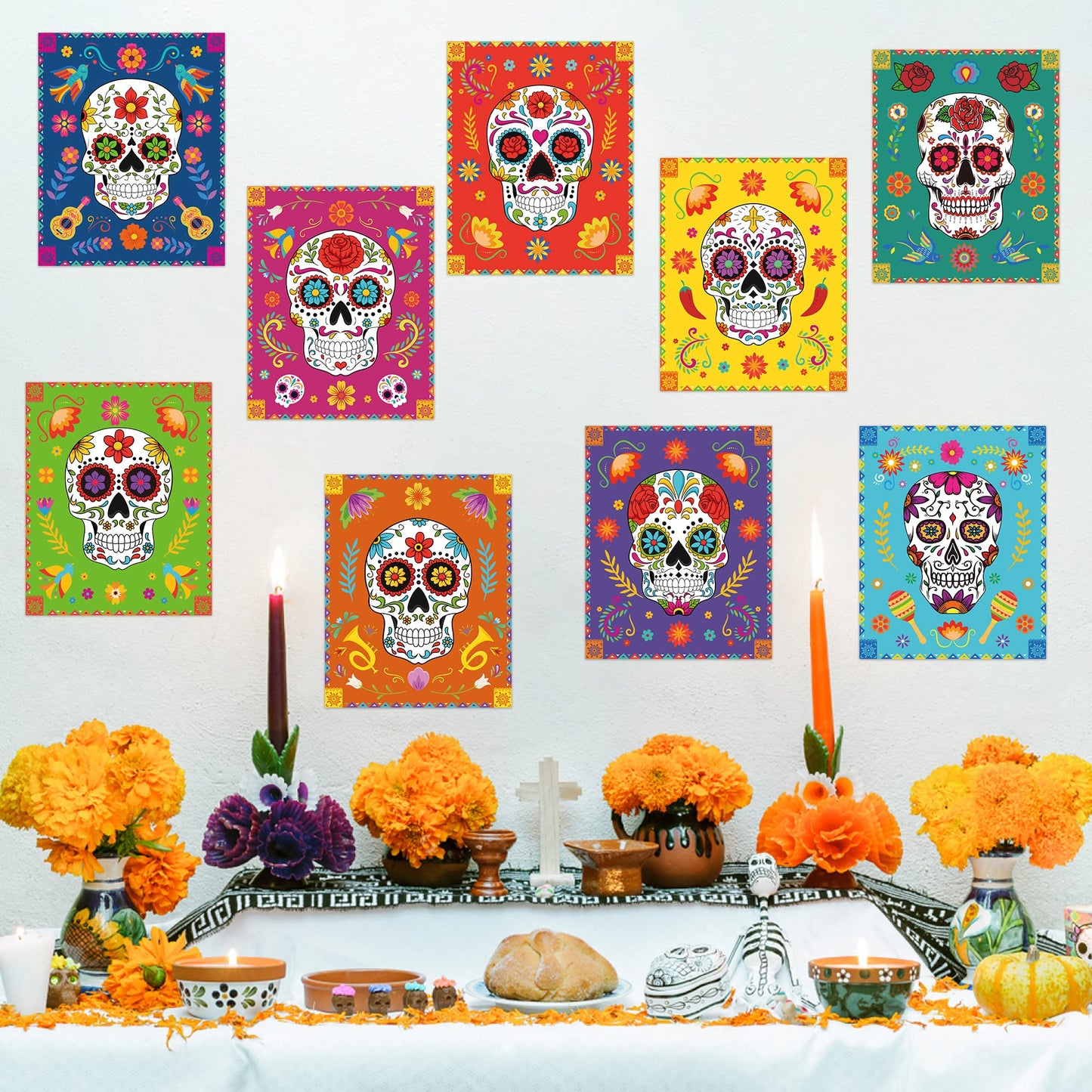 Haooryx 9Pcs Day Of The Dead Wall Art Poster Print Decoration, Mexican Day of The Dead Fiesta Party Sugar Skull Decor HD Printed Art Prints Poster for Home Living Room Bedroom Office Home Wall Decor