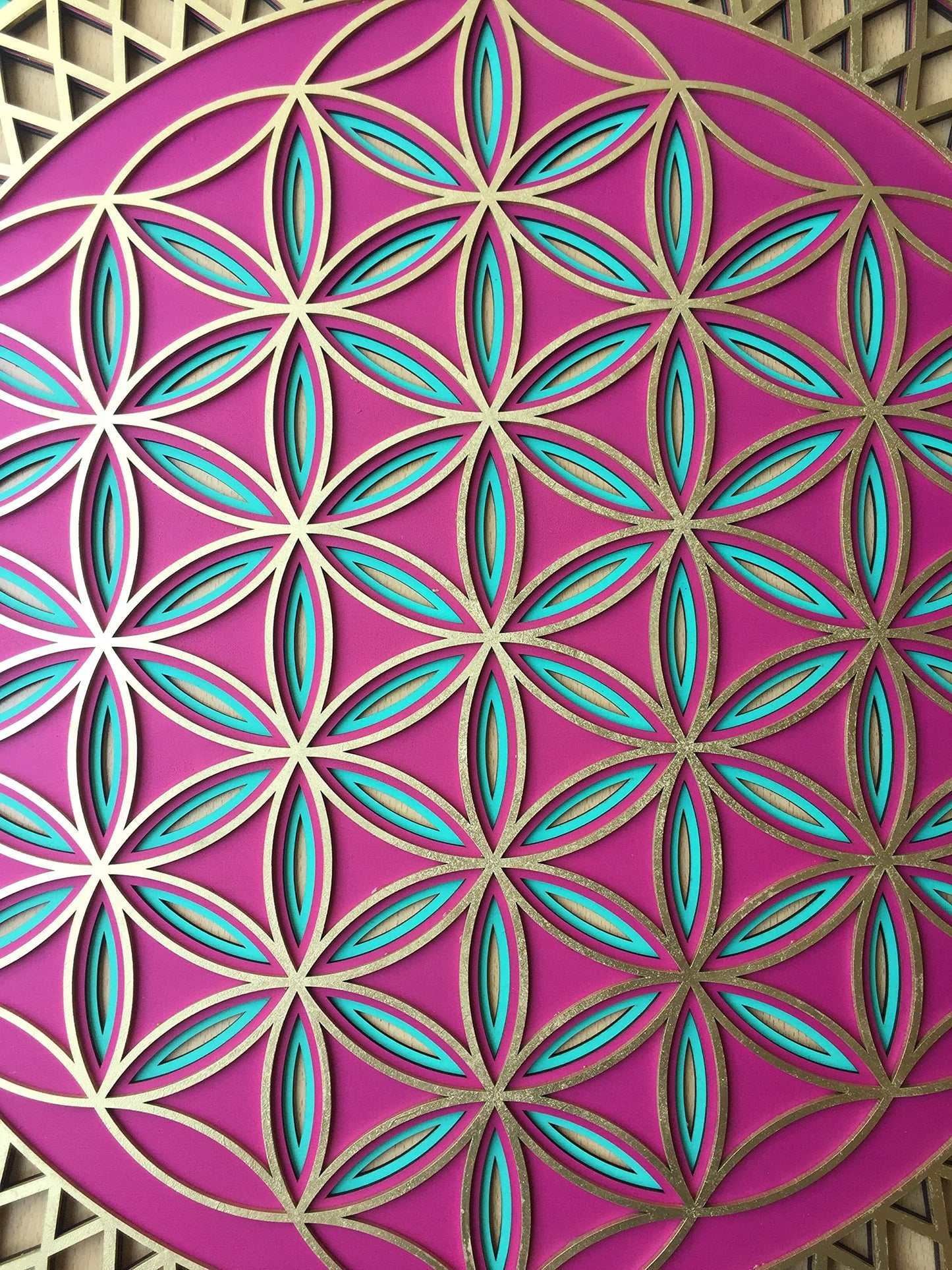 Flower of life wood wall decor, Multilayer mandala, Sacred Geometry Wall Art, Yoga studio decor, mutilayer flower of life, fuchsia green Gold Flower Of Life (78 cm (30.7 inch))