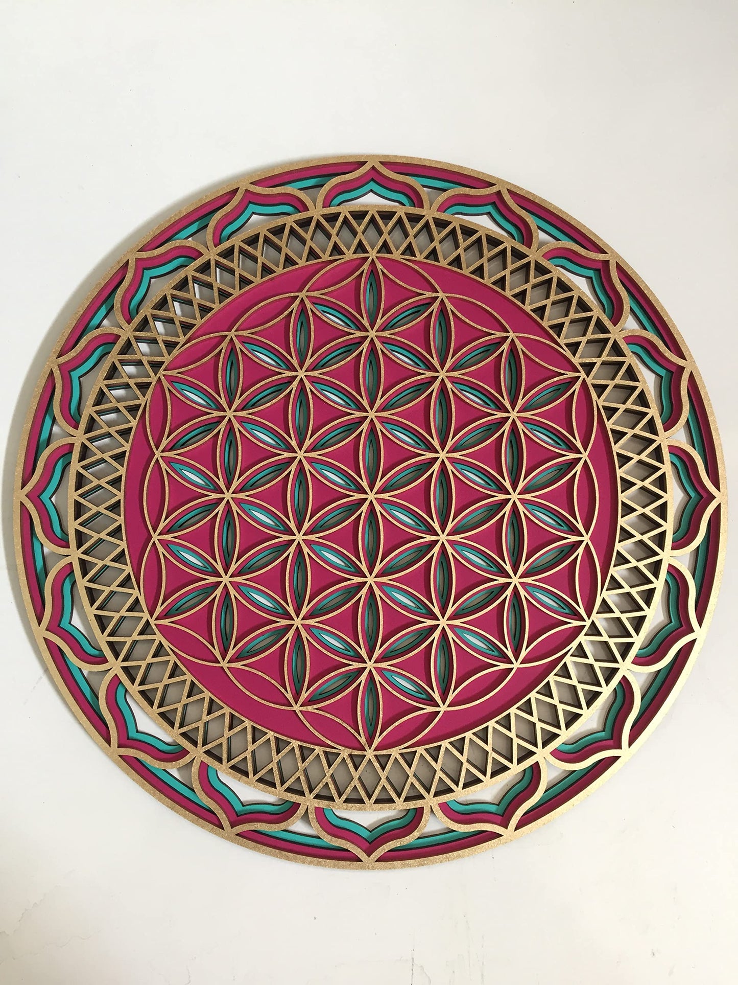 Flower of life wood wall decor, Multilayer mandala, Sacred Geometry Wall Art, Yoga studio decor, mutilayer flower of life, fuchsia green Gold Flower Of Life (78 cm (30.7 inch))