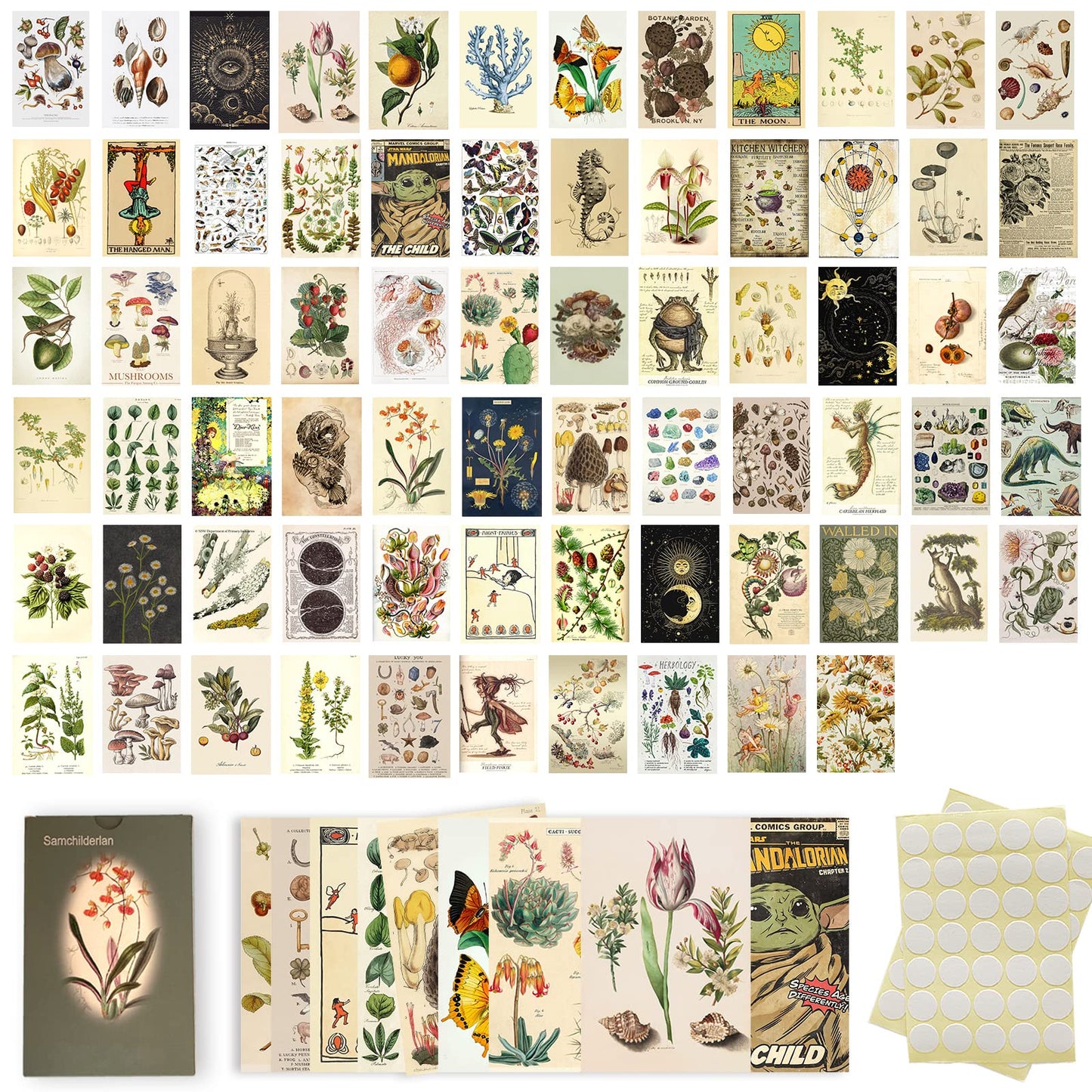 Vintage Botanical Room Decor Aesthetic Pictures Wall Collage Kit, Vintage Illustration Tarot Posters for Room Aesthetic, Cottagecore Wall Decor for Bedroom Dorm Aesthetic, Botanical Wall Art Prints