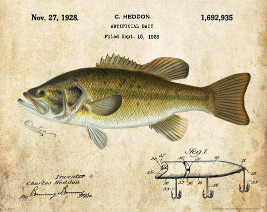 Vintage Heddon Fishing Lure Patent Print Poster 11x14 Largemouth Bass Cabin Wall Art Decor