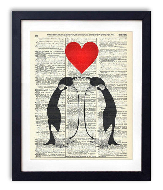 Penguin Love Vintage Dictionary Art Print, Antique Wall Art Home Decor, Modern Boho Poster, Farmhouse Decoration Living Room Bedroom Office 8x10 Inches, Ready To Frame, Ready to Frame