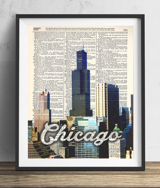 Chicago Color Skyline, Vintage Dictionary Art Print, Antique Wall Art Home Decor, Modern Boho Poster, Farmhouse Decoration Living Room Bedroom Office 8x10 Inches, Ready To Frame