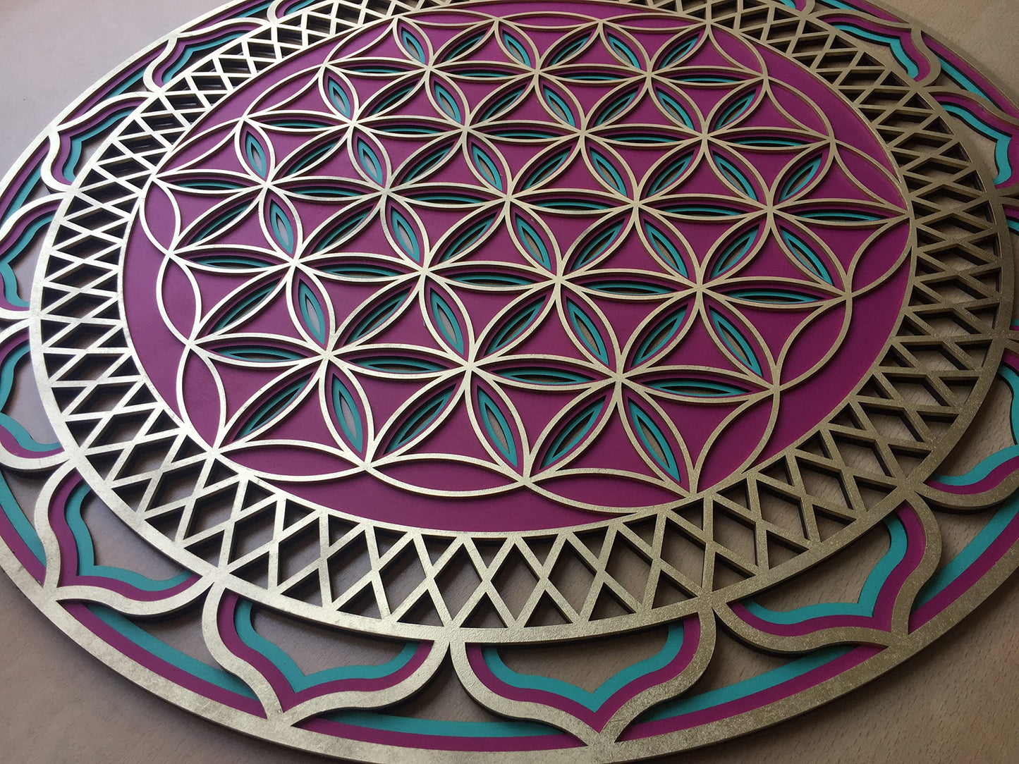 Flower of life wood wall decor, Multilayer mandala, Sacred Geometry Wall Art, Yoga studio decor, mutilayer flower of life, fuchsia green Gold Flower Of Life (78 cm (30.7 inch))