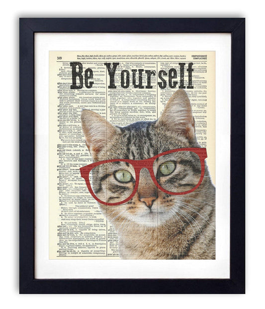 Cat With Glasses"Be Yourself", Vintage Dictionary Art Print, Antique Wall Art Home Decor, Modern Boho Poster, Farmhouse Decoration Living Room Bedroom Office 8x10 Inches, Ready To Frame