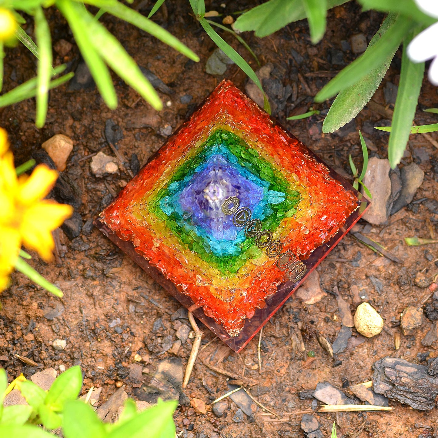 Orgone Pyramid Chakra Layer Energy Generator Meditation Pyramid - Orgonite Chakra Balancing Healing Pyramid With Chakra Copper Symbol