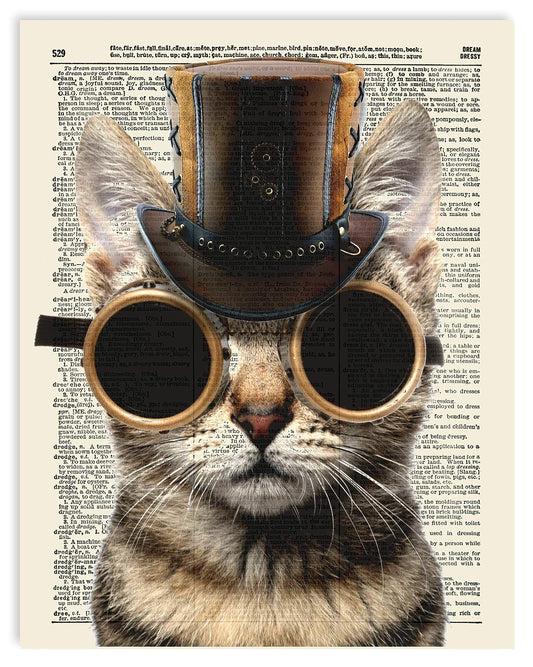 Steampunk Cat Vintage Dictionary Art Print, Antique Wall Art Home Decor, Modern Boho Poster, Farmhouse Decoration Living Room Bedroom Office 8x10 Inches, Ready To Frame