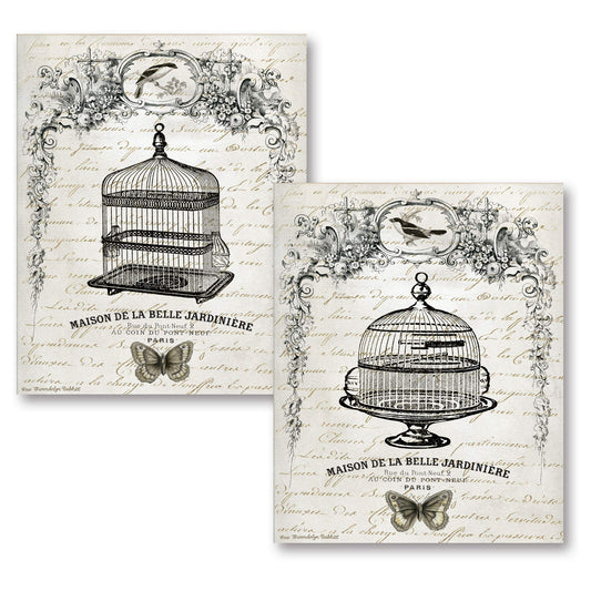 Gango Home Decor French Birdcage I Vintage, French Black and White Birdcage Prints: Two 8 x 10 Poster Prints