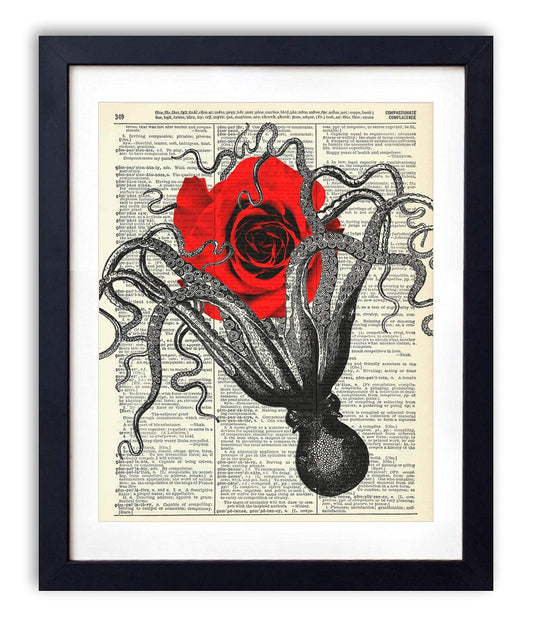 Octopus With Rose Octopus Vintage Dictionary Art Print, Antique Wall Art Home Decor, Modern Boho Poster, Farmhouse Decoration Living Room Bedroom Office 8x10 Inches, Ready To Frame