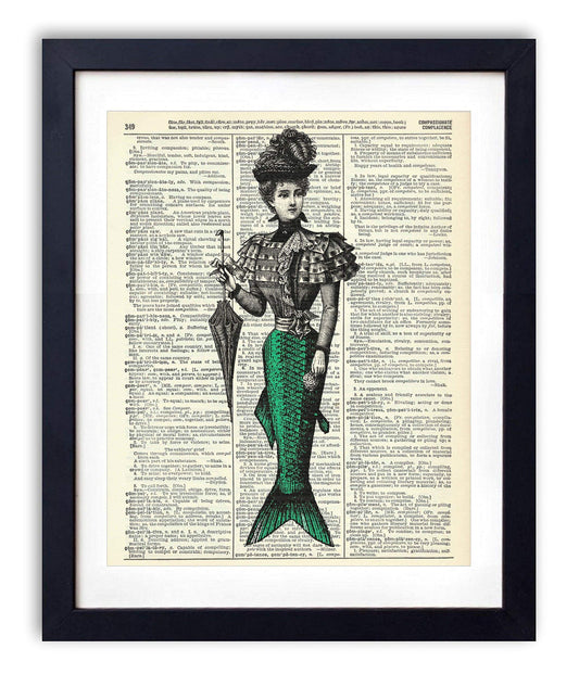 Victorian Mermaid Woman, Vintage Dictionary Art Print, Antique Wall Art Home Decor, Modern Boho Poster, Farmhouse Decoration Living Room Bedroom Office 8x10 Inches, Ready To Frame