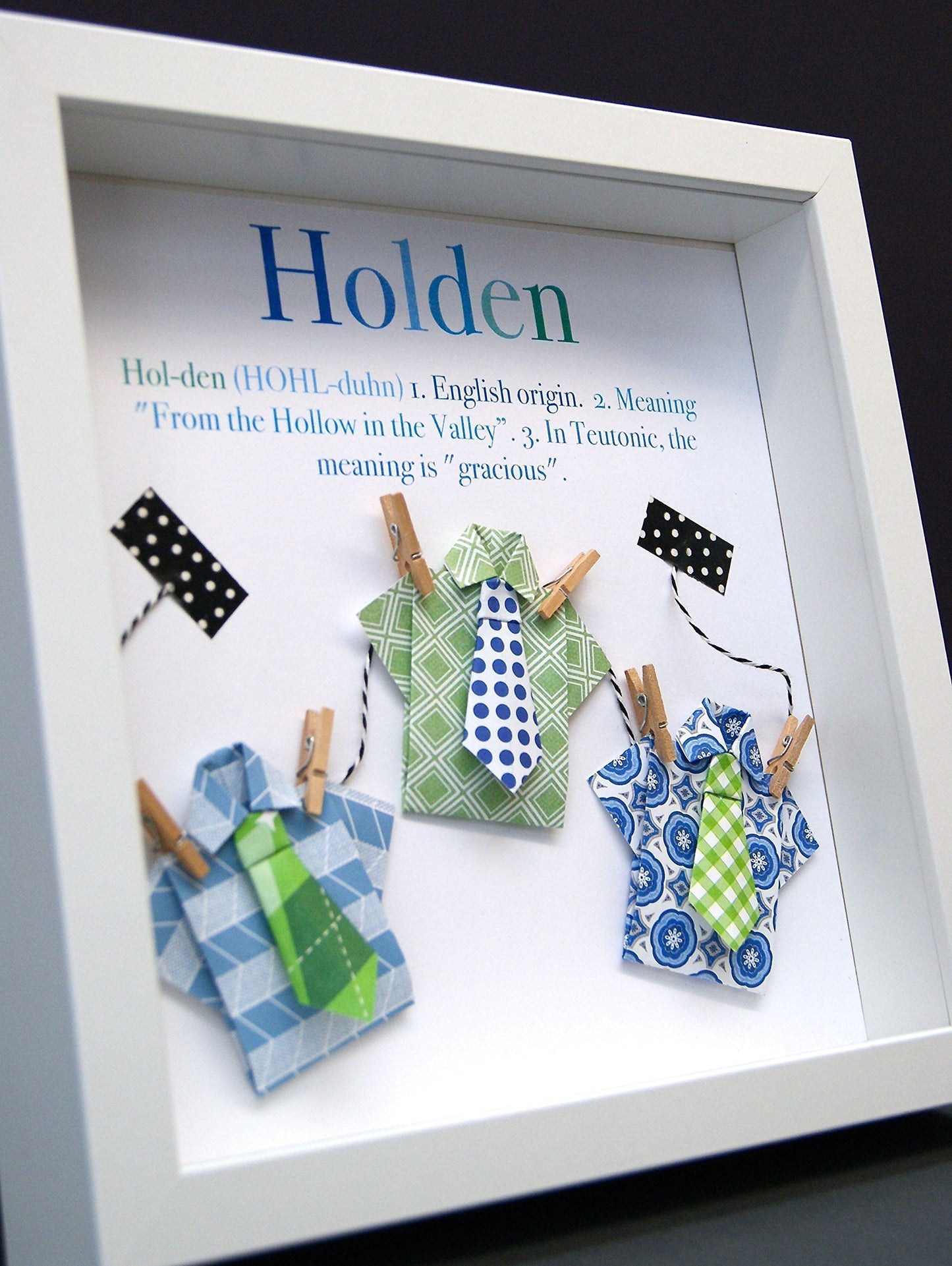 Personalized Name Origin and Meaning Baby Gift Paper Origami Shadowbox Frame with Shirts and Ties Custom Newborn Baby Shower Boy Gift