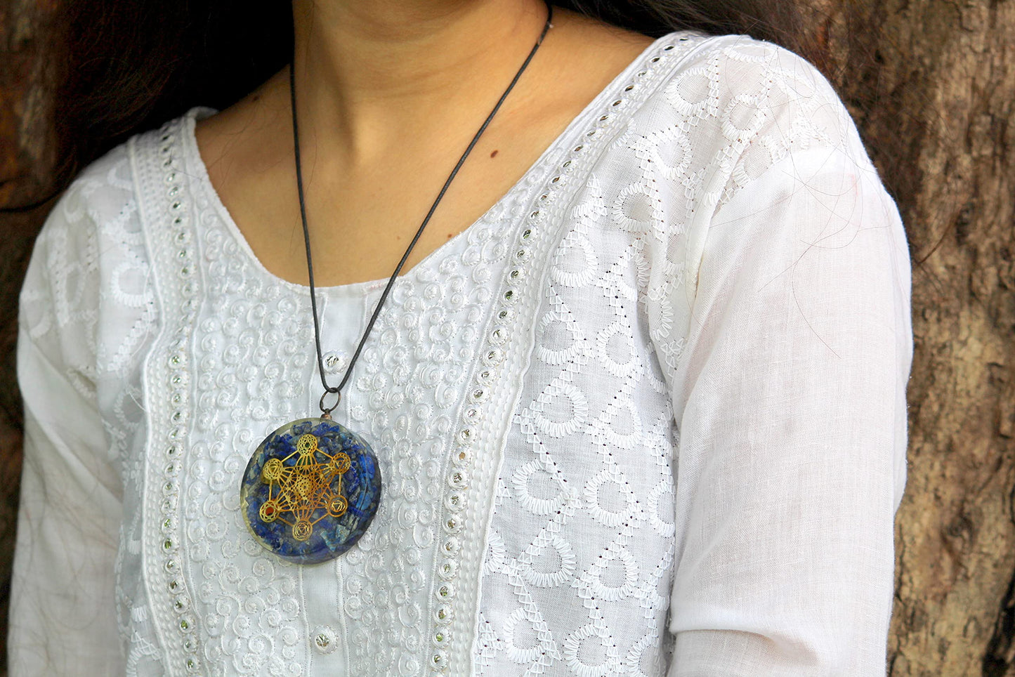 Jet Energized Handmade Lapis Orgone Chakra Pendant Metatron's Cube Merkaba Round 2 inch approx. Prosperity Mental Peace EMF Protection Crystal Therapy Booklet IMAGE IS JUST A REFERENCE