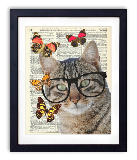 Nerd Cat With Butterflies Vintage Dictionary Art Print, Antique Wall Art Home Decor, Modern Boho Poster, Farmhouse Decoration Living Room Bedroom Office 8x10 Inches, Ready To Frame