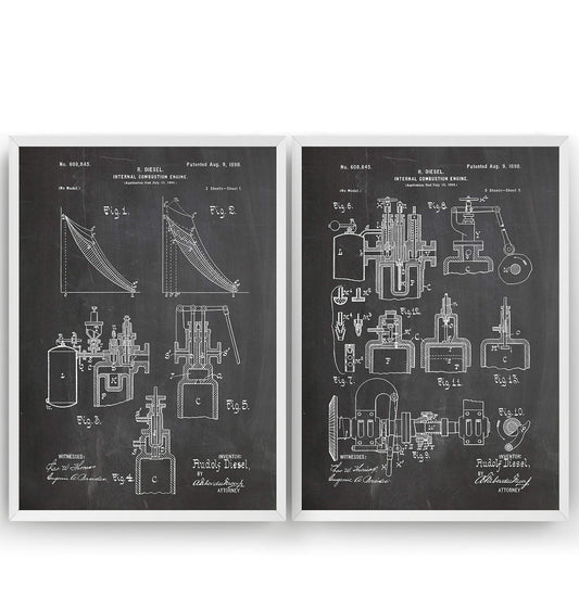 Magic Posters R. Diesel Combustion Engine Patent Prints Art - Set Of 2 - Pages 1-2 - Engineer Gift Mechanic Merchandise Poster Vintage Old Original Blueprint Collector Wall Decor - Frame Not Included