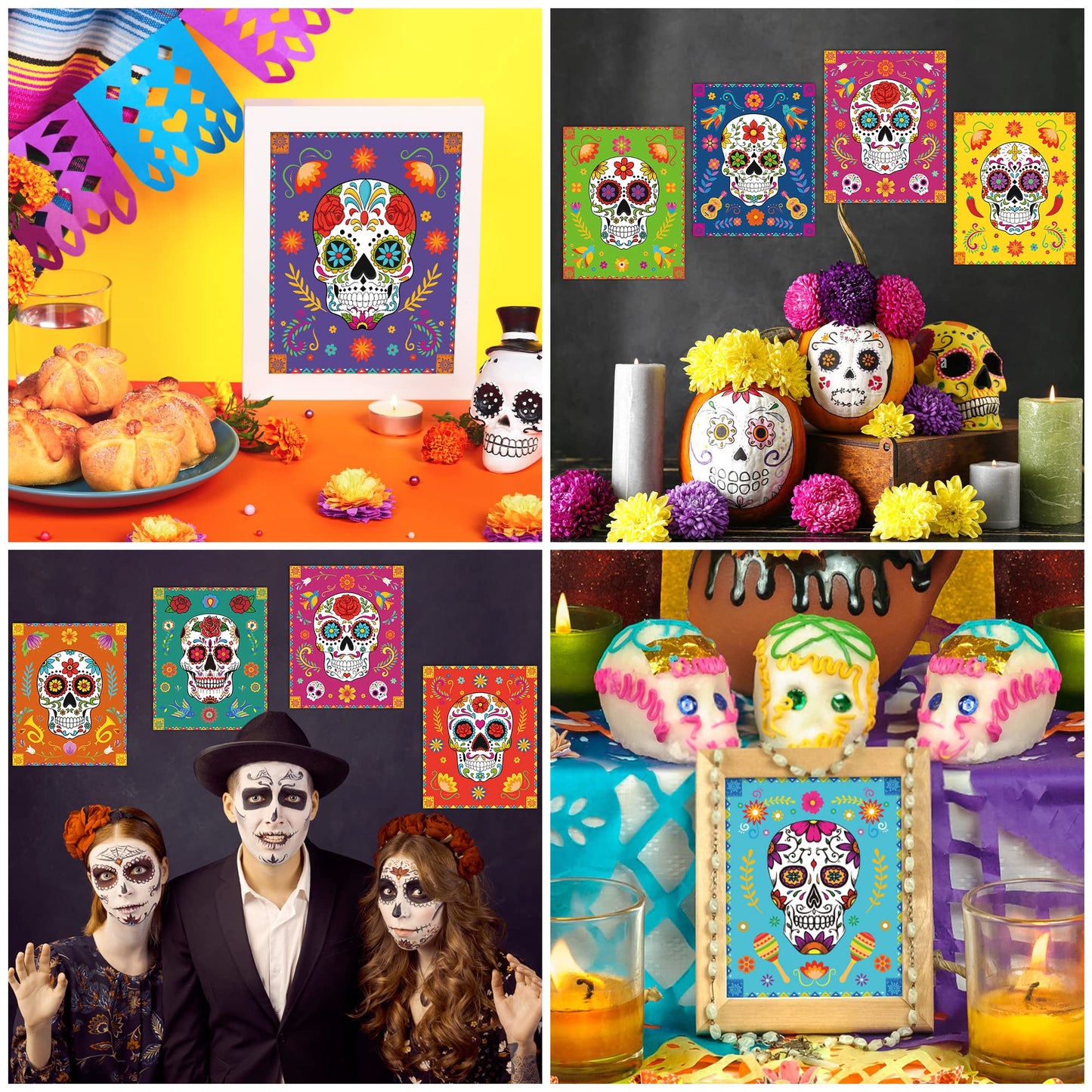 Haooryx 9Pcs Day Of The Dead Wall Art Poster Print Decoration, Mexican Day of The Dead Fiesta Party Sugar Skull Decor HD Printed Art Prints Poster for Home Living Room Bedroom Office Home Wall Decor