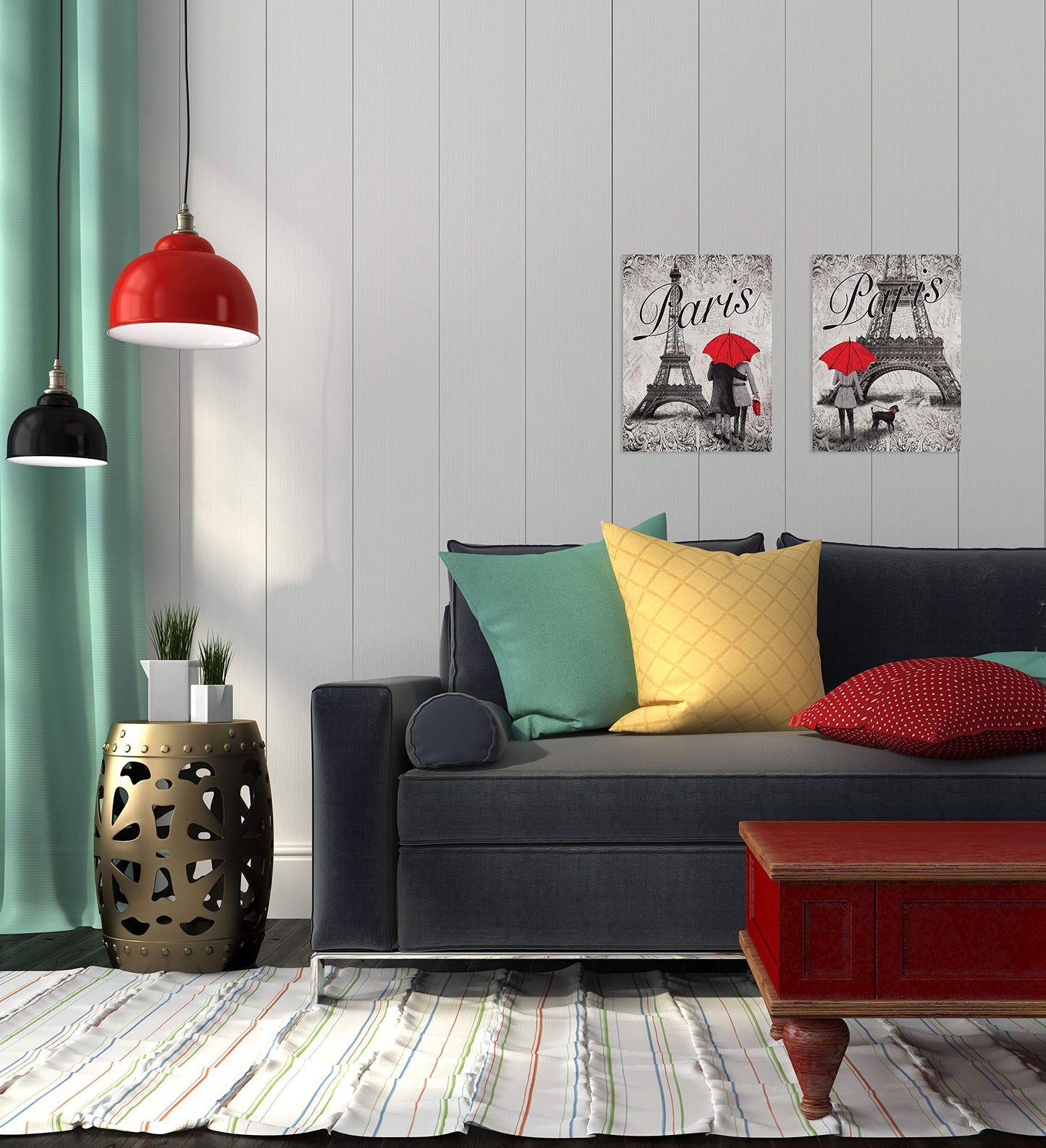 Gango Home Decor Strolling in Paris- Two Beautiful 11 x 14 in Poster Prints Eiffel Tower and Red Umbrella Set
