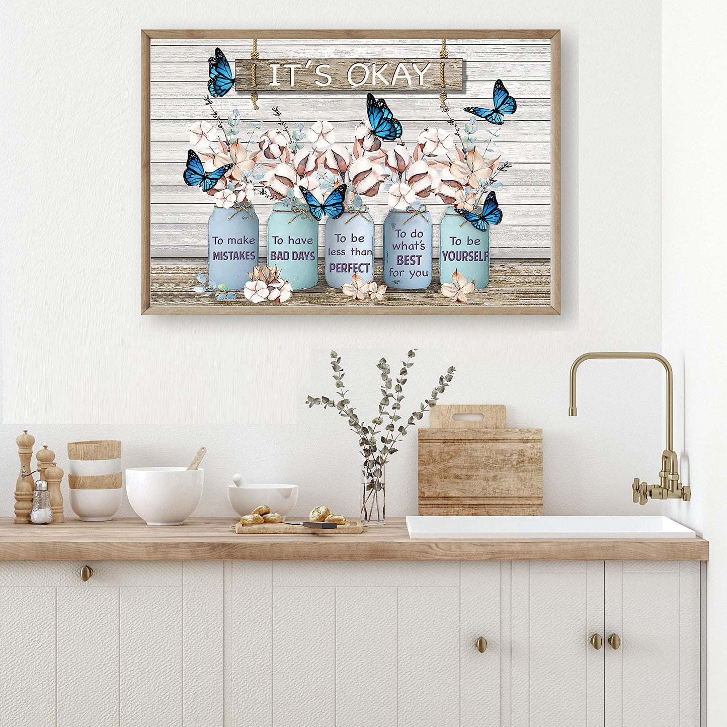 BOUHES Cotton Bouquet Wall Art It's Okay Wall Art Inspirational Quotes Wall Decor Rustic Farmhouse Cotton Painting Print Motivational Poster For Living Room Bathroom Office Home Decor Frameless