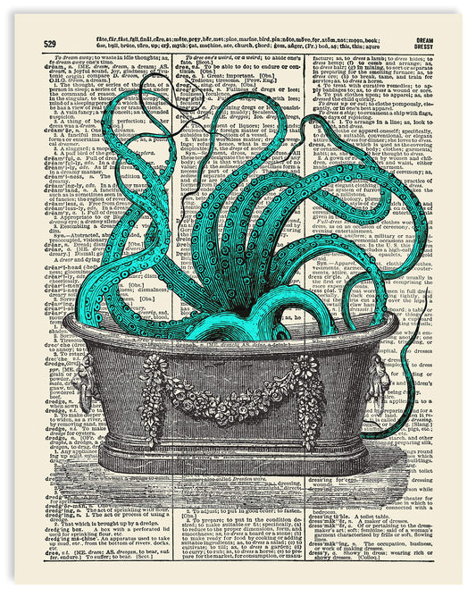 Octopus In The Tub Vintage Dictionary Art Print, Antique Wall Art Home Decor, Modern Boho Poster, Farmhouse Decoration Living Room Bedroom Office 8x10 Inches, Ready To Frame