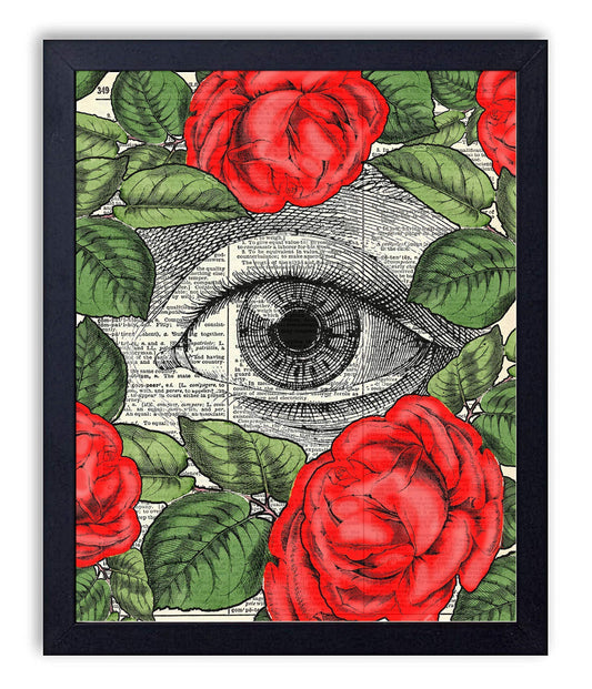 Eye In Red Roses, Vintage Dictionary Art Print, Antique Wall Art Home Decor, Modern Boho Poster, Farmhouse Decoration Living Room Bedroom Office 8x10 Inches, Ready To Frame