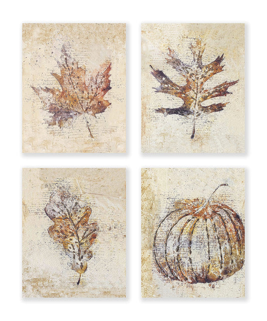 LiTiu Fall Wall Art Prints Decor,Autumn Pumpkin Maple Leaf Vintage 8x10 Inch Poster Set Of 4, Farmhouse Rustic Bedroom Living Room Home Porch Office Fall Themed Decor