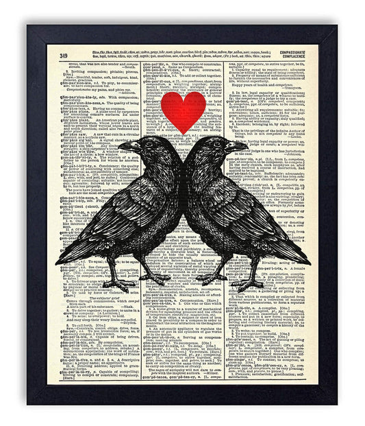 Crow Love, Vintage Dictionary Art Print, Antique Wall Art Home Decor, Modern Boho Poster, Farmhouse Decoration Living Room Bedroom Office 8x10 Inches, Ready To Frame