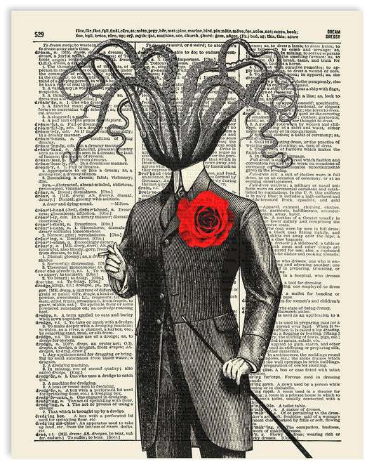 Victorian Gentleman Octopus Vintage Dictionary Art Print, Antique Wall Art Home Decor, Boho Poster, Farmhouse Decoration Living Room Bedroom Office 8x10 Inches, Ready To Frame, Ready to Frame